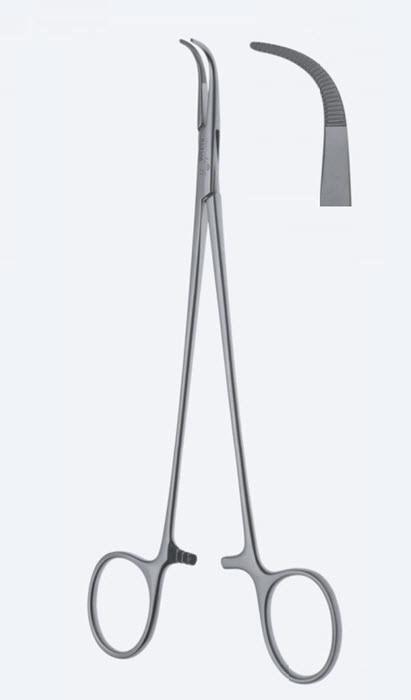 Зажими, хірургічні, дисекційні та лігатурні, "Delikat", сильно вигнуті, зубчасті щелепи, з кремал. довжина 180 мм. Бренд - Asanus Medizintechnik Gmb, Німеччина